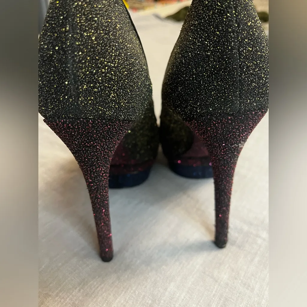 Brian Atwood Fontanne Shoes Gold Red Blue Glitter Heels Platform Black - Image 7