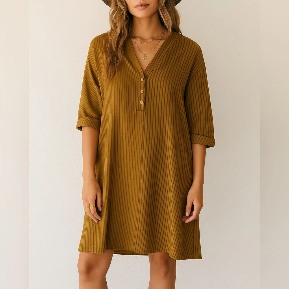 Lisa Bayne linen Blend Oversized Pinstriped Tunic Dress in Green Yellow Size L - Image 9