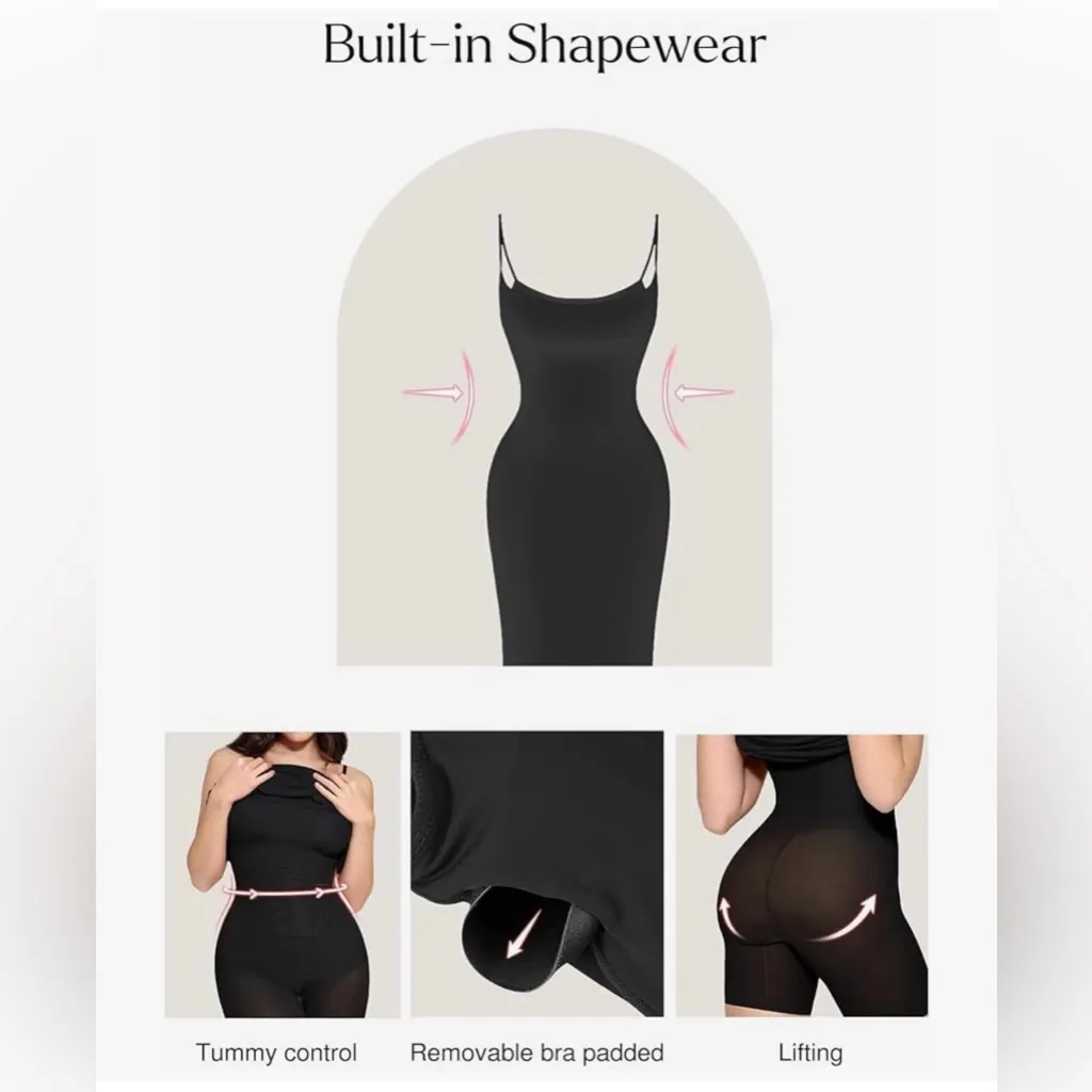 Popilush Black Maxi Dress Bodycon Ribbed Spaghetti Strap Shapewear M NWT Size M - Image 4