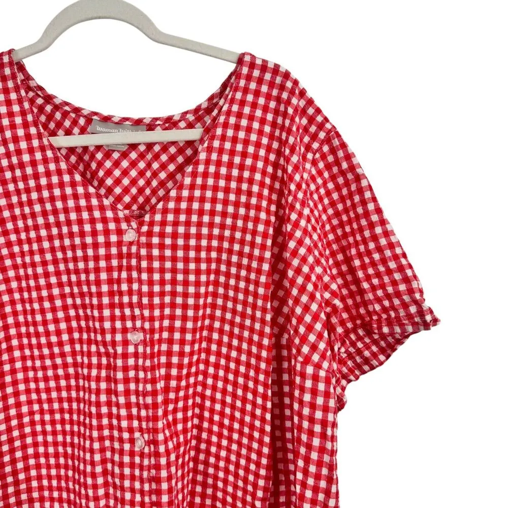 Woman Within Red Plaid 100% Cotton Button Front Blouse Cottage Womens 2x 26/28 - Image 2