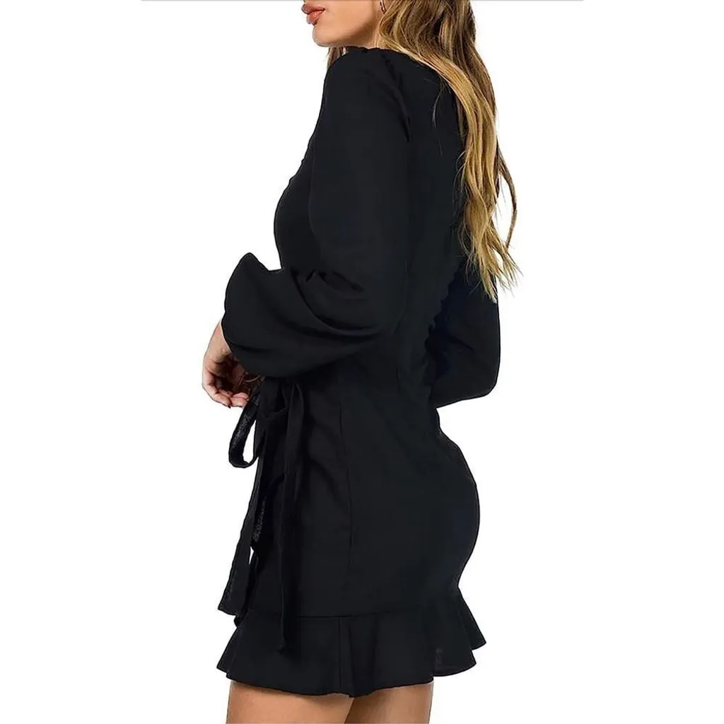 NEW Dress Square Neck Long Tie Waist Wrap Ruffle Hem L - Image 2