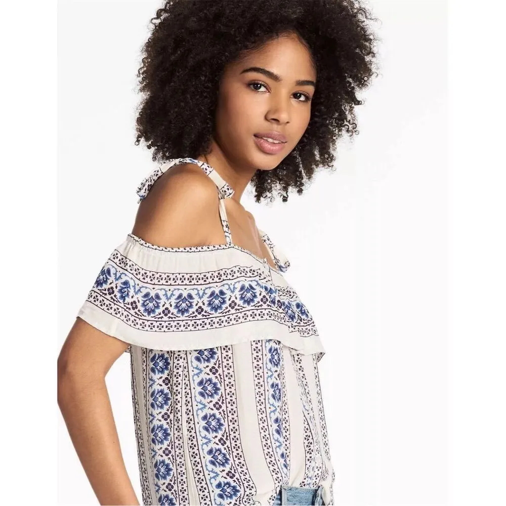 Lucky Brand Women's Blue Floral Off-Shoulder Blouse Medium - Image 6