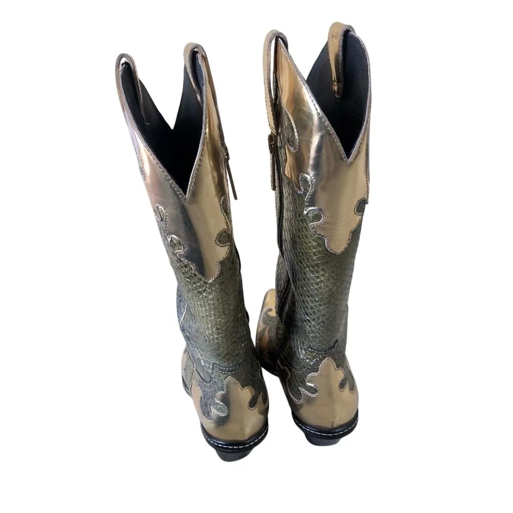 Donald Pliner Western Metallic Pitone Snake Leather Boot Shoe New $695 Sz 8.5 Gold - Image 6