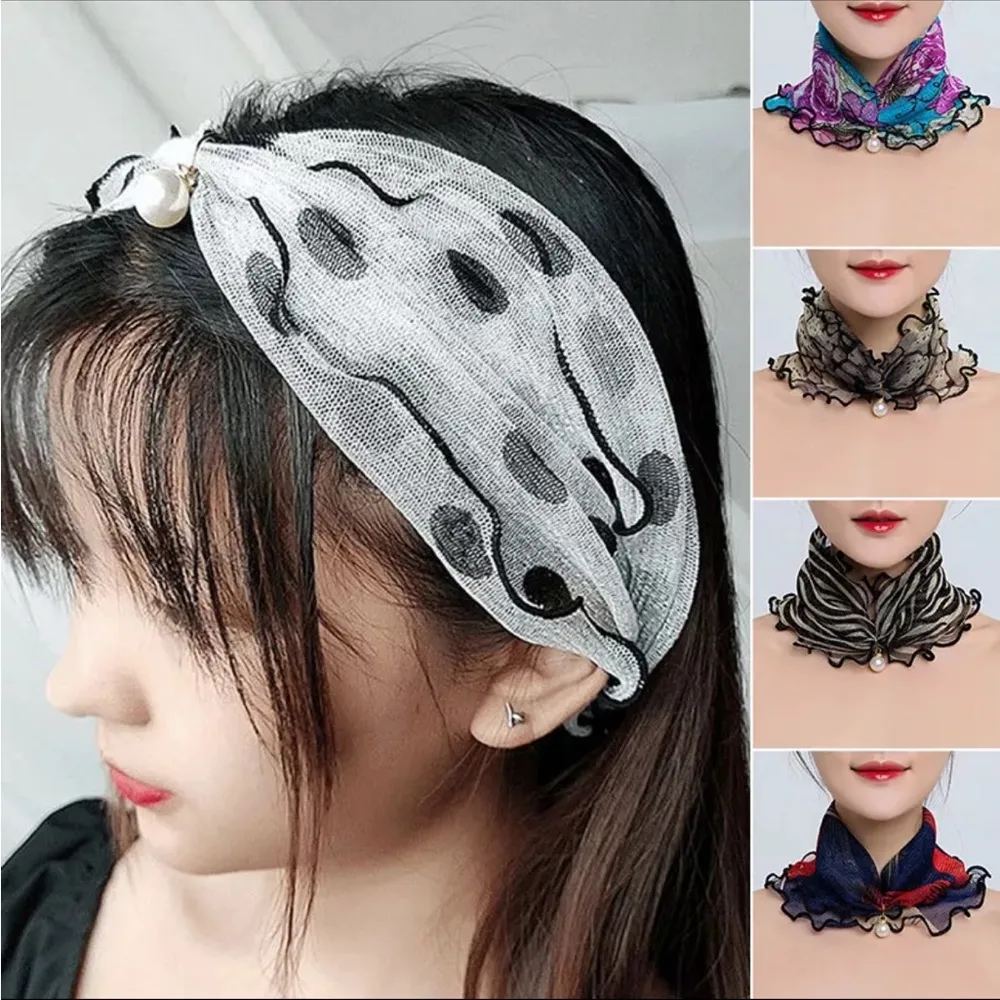 Women Shiny Pearl Organza Chiffon Scarves Bandana Ruffle Scarf Headband ☆ : Black - Image 5
