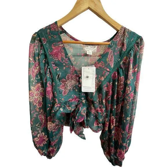 NWT Band‎ of the Free Women XS Paisley Tie Front Crop Top Boho Chic Western Blue - Image 2