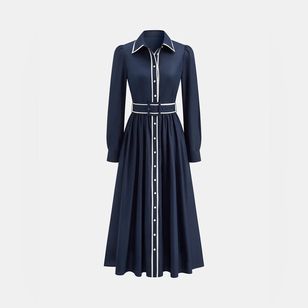 COMMENSE Contrast Trim Belted Pleated Shirt Dress COLOR - Image 2