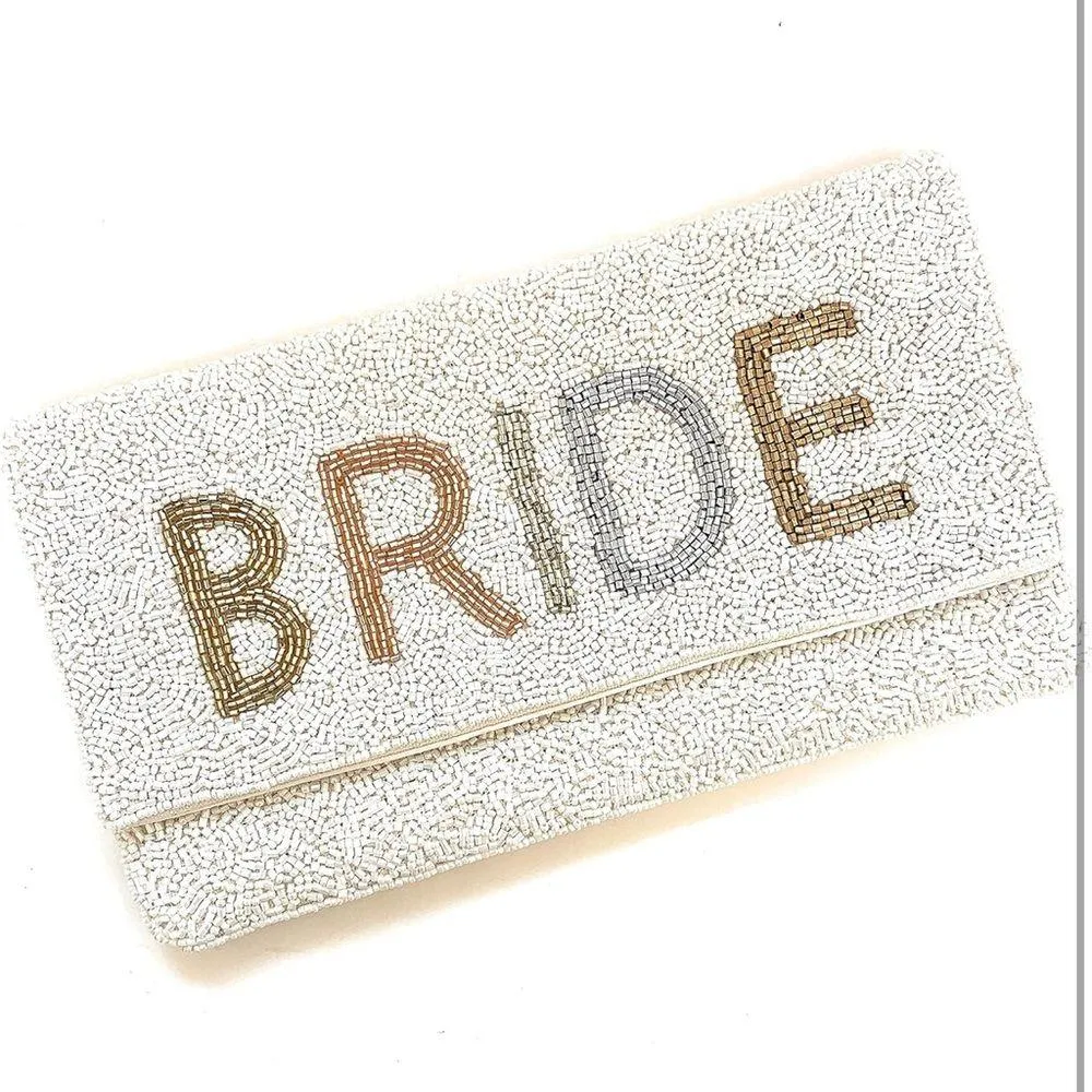 Beaded BRIDE Clutch with Gold Chain White - Image 5