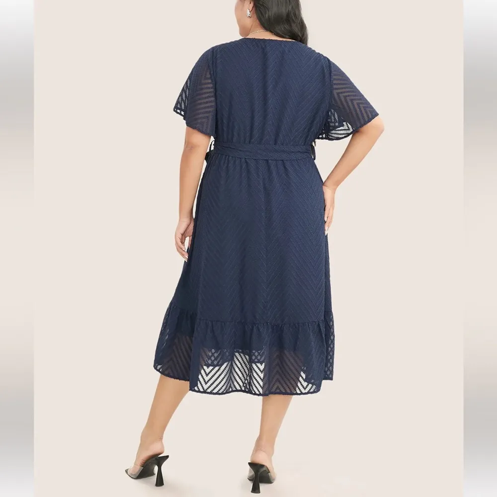 Plain Geometric Pocket Mesh Ruffle Sleeve Belted Wrap Dress - Image 2