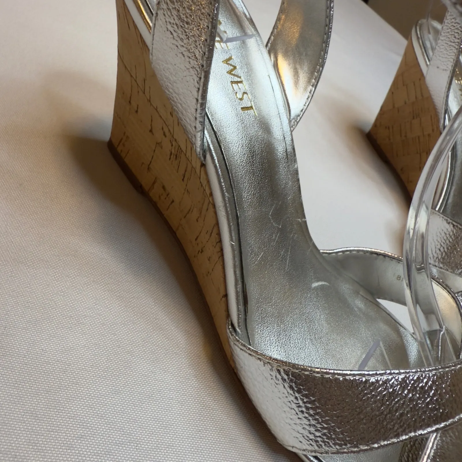 Nine West NEW Silver Metallic Cork Wedge Strappy Ankle Strap Sandals Womens 8M - Image 5