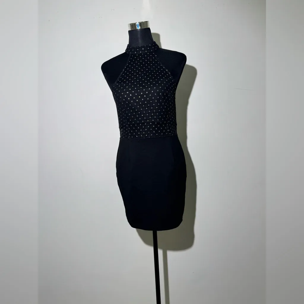 Superdown Black Halter Neck Bodycon Dress Gold Dot Mesh Size L - Image 6