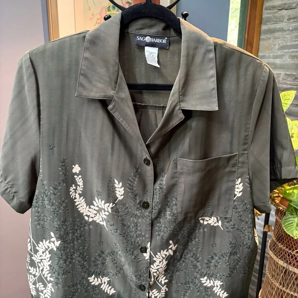 Women's Sag Harbor Olive Green Gradient Botanical Print Button Up Blouse size 16 - Image 4