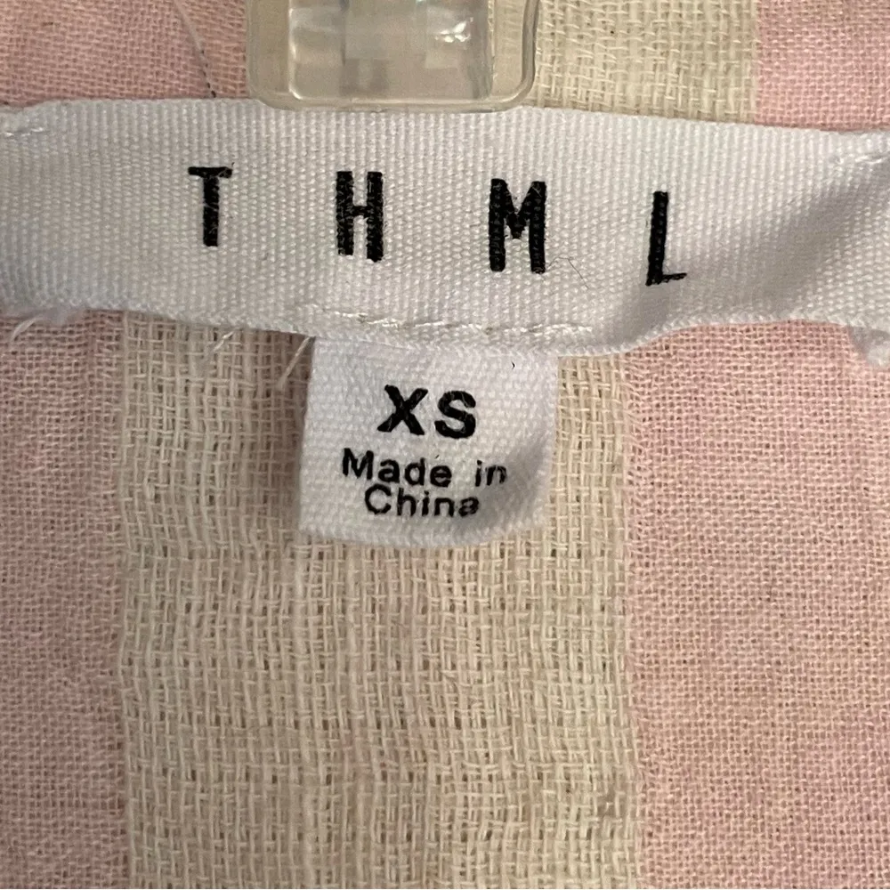 THML Embroidered Floral Boho Ruffle Striped Pink & Cream Top w Fringe Ties - Image 8