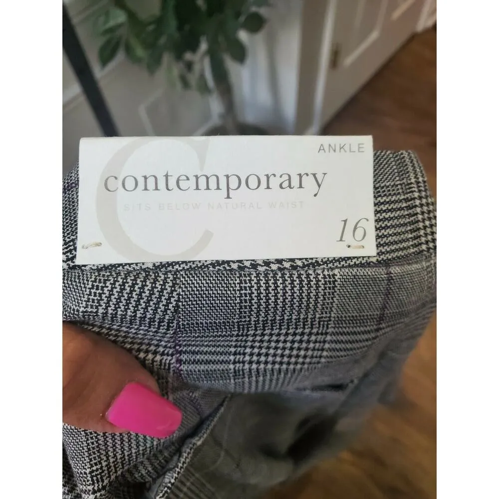 Cato Women's Plaid Gray Polyester Mid Rise Wide Leg Ankle Dress Pant Size 16 - Image 7