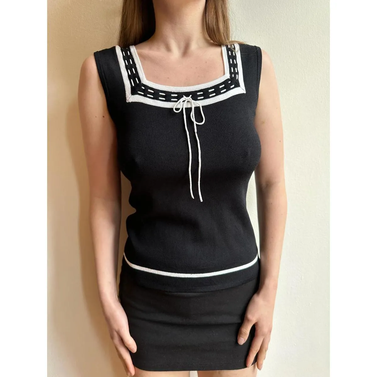 Y2k Corducci Black and White Tie Detail Vest Top - Image 2