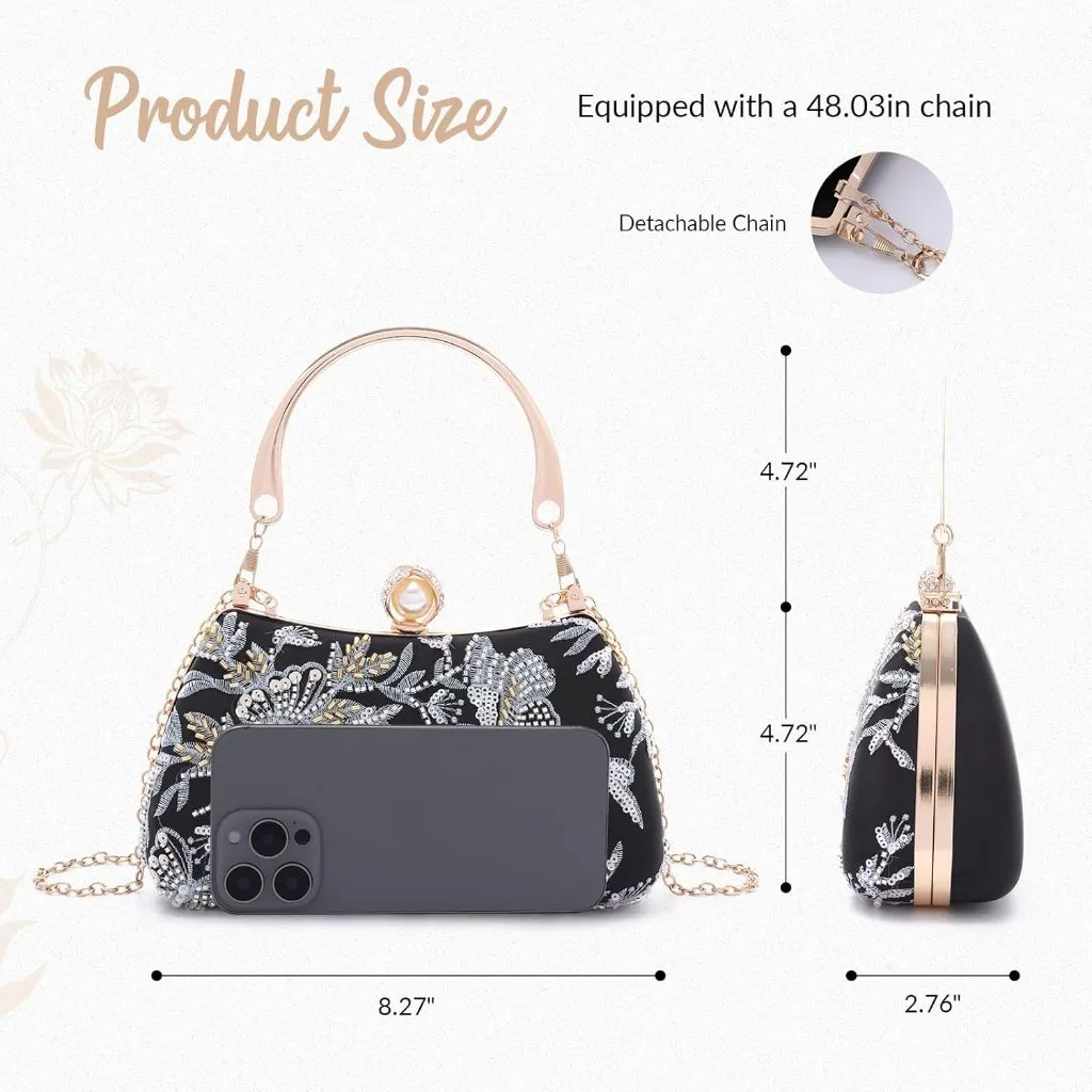 ⚡ Women's Floral Sequin Black Embroidery Evening Beaded Clutch Handbag - Image 4