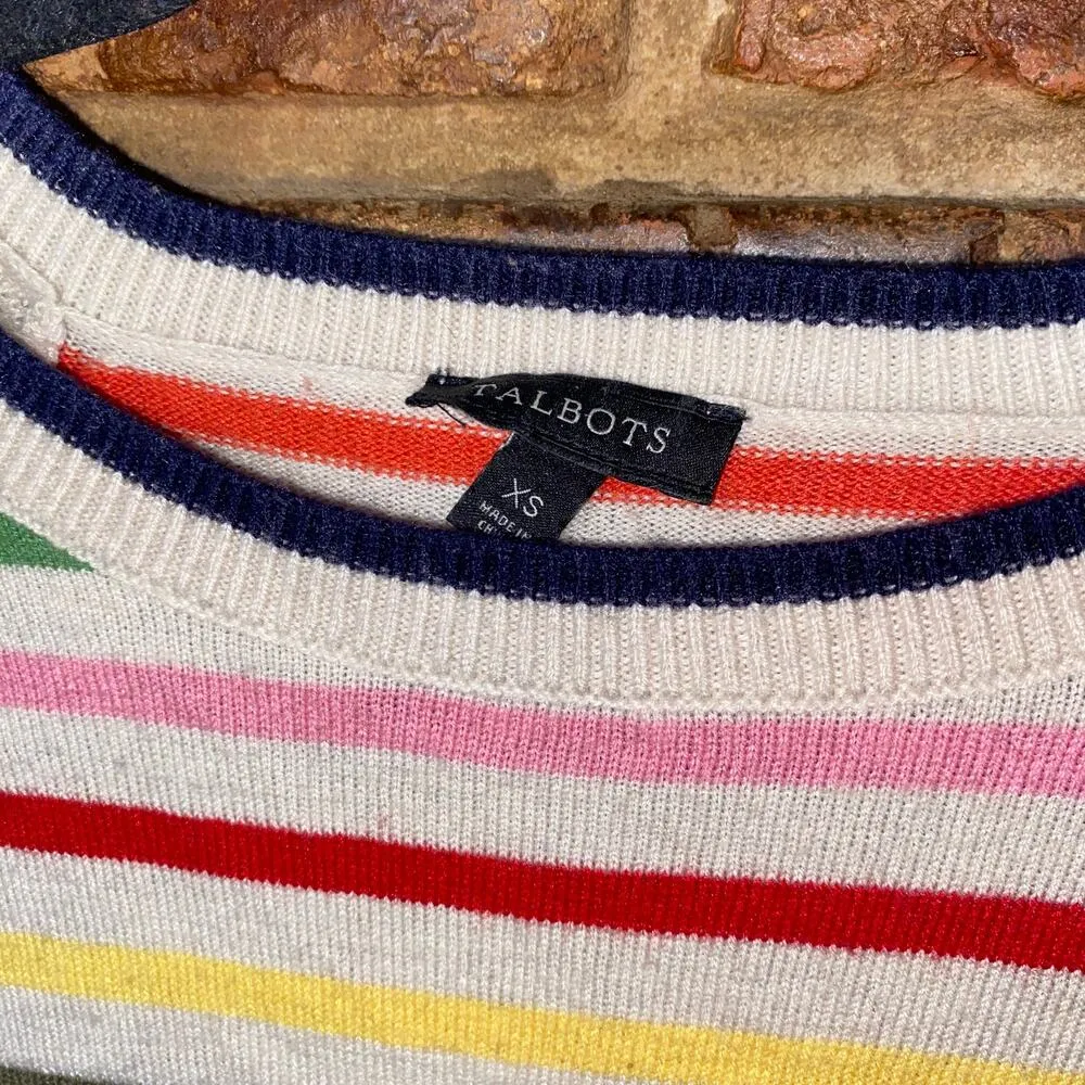 Talbots Beige Rainbow Metallic Stripe Button Shoulder Knit Sweater Women's XS - Image 4