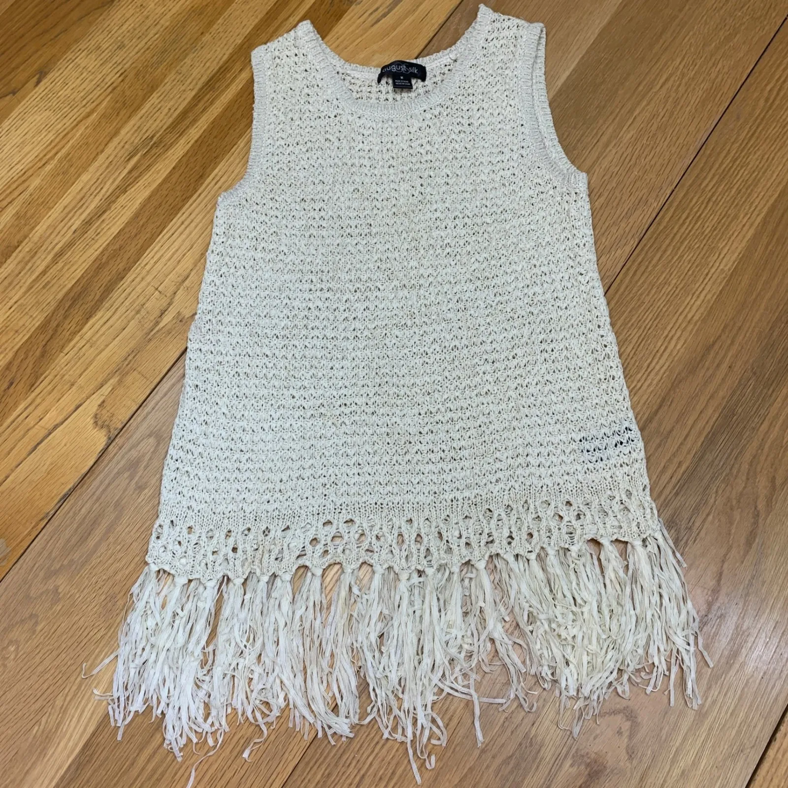 August Silk Tank Top Womens Size Medium Cream Open Knit Fringe Long Sleeveless - Image 1