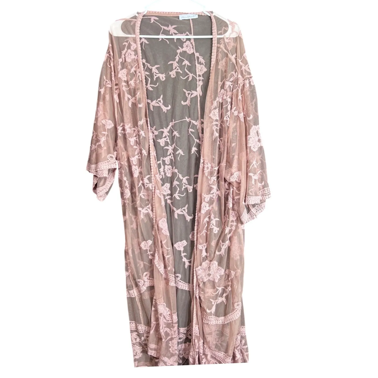 Keren Hart Floral Lace Kimono Duster Cardigan Robe Womens 2X Pink Sheer Boho - Image 2