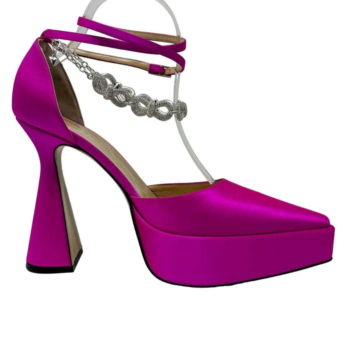 Mach & Mach Satin Crystal Bow Chain Platform Pumps Block Heel Hot Pink Size 40 - Image 8