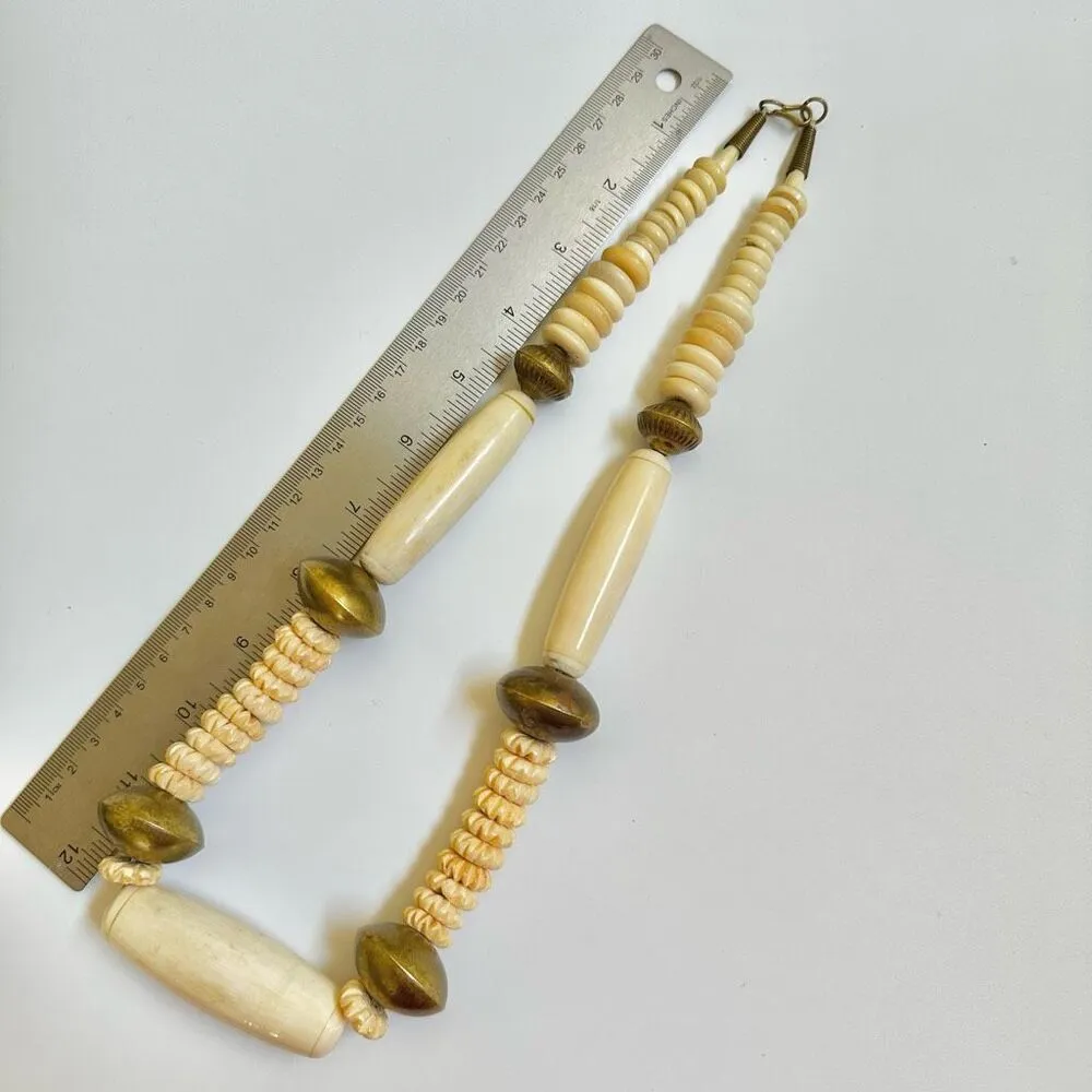 VINTAGE AFRICAN TRIBAL BOHO NECKLACE BONE AND BRASS BEADS - Image 4