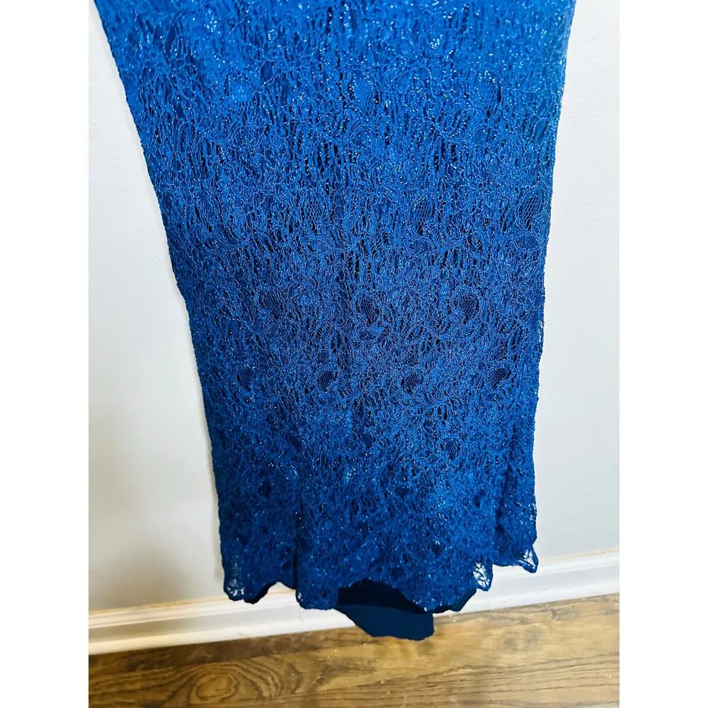 THEIA Dark Blue Metallic Floral Lace Overlay Shimmering Element Gown Size 6 - Image 16