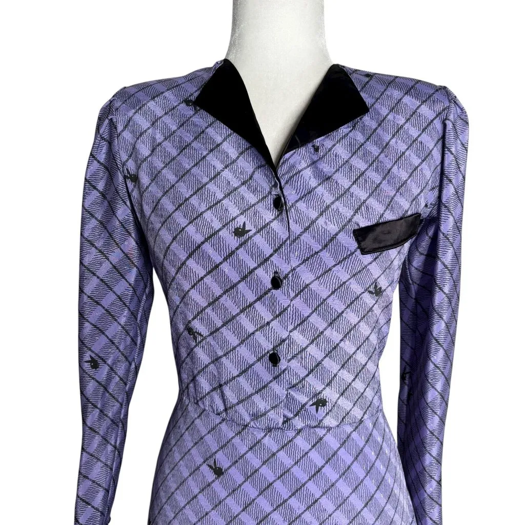 Vintage 80s Vivians Playboy Button Up Shirt Dress Medium Purple Check Bunny - Image 2
