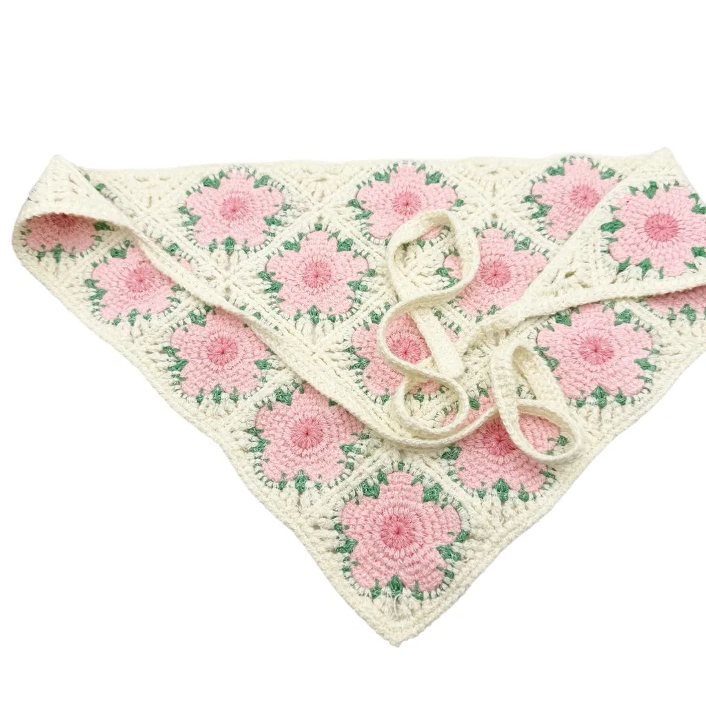 Handmade Crochet Floral Granny Square‎ Bandana Headscarf – Pink & Cream - Image 4