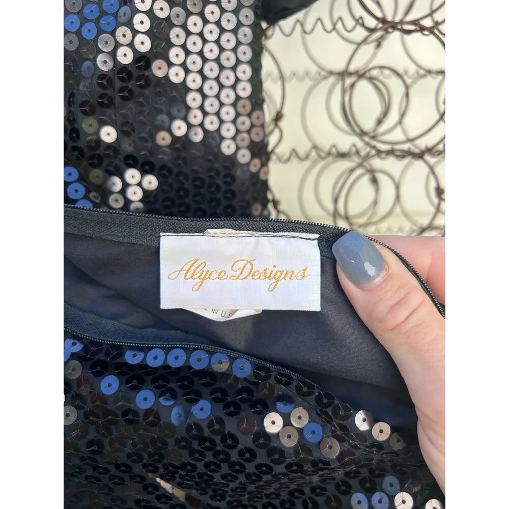 Vintage 80s Alyce Designs Green Black Sequin Ruffle Prom Ball Gown Mardi Gras XS - Image 6