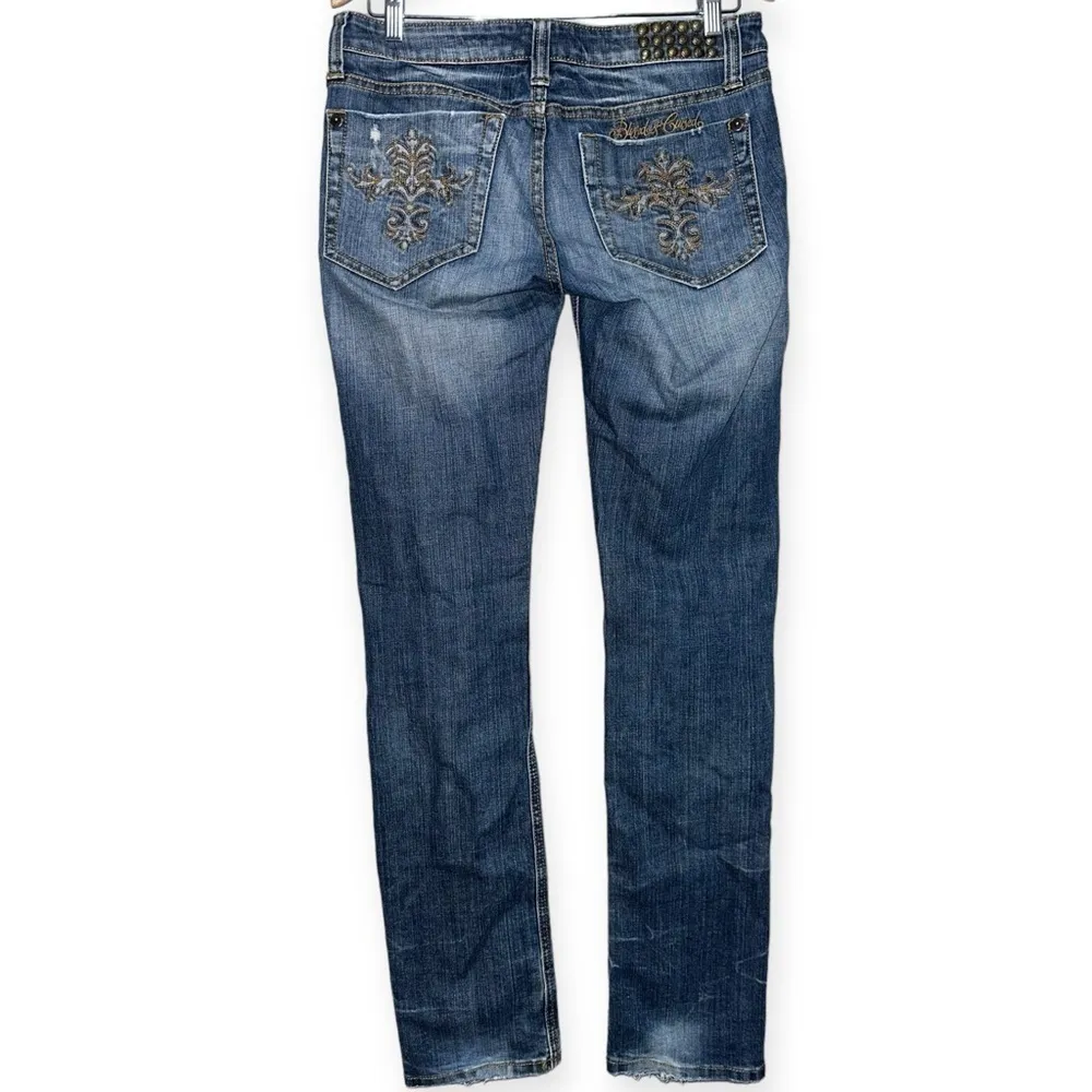 Blessed & Cursed 30 Medium Blue Embroidered Studded Forbidden Fruit Skinny Jeans - Image 3