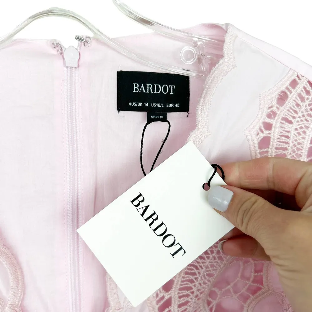 Bardot Light Pink Puff Sleeve Embroidered Eyelet Dress Sz L - Image 2