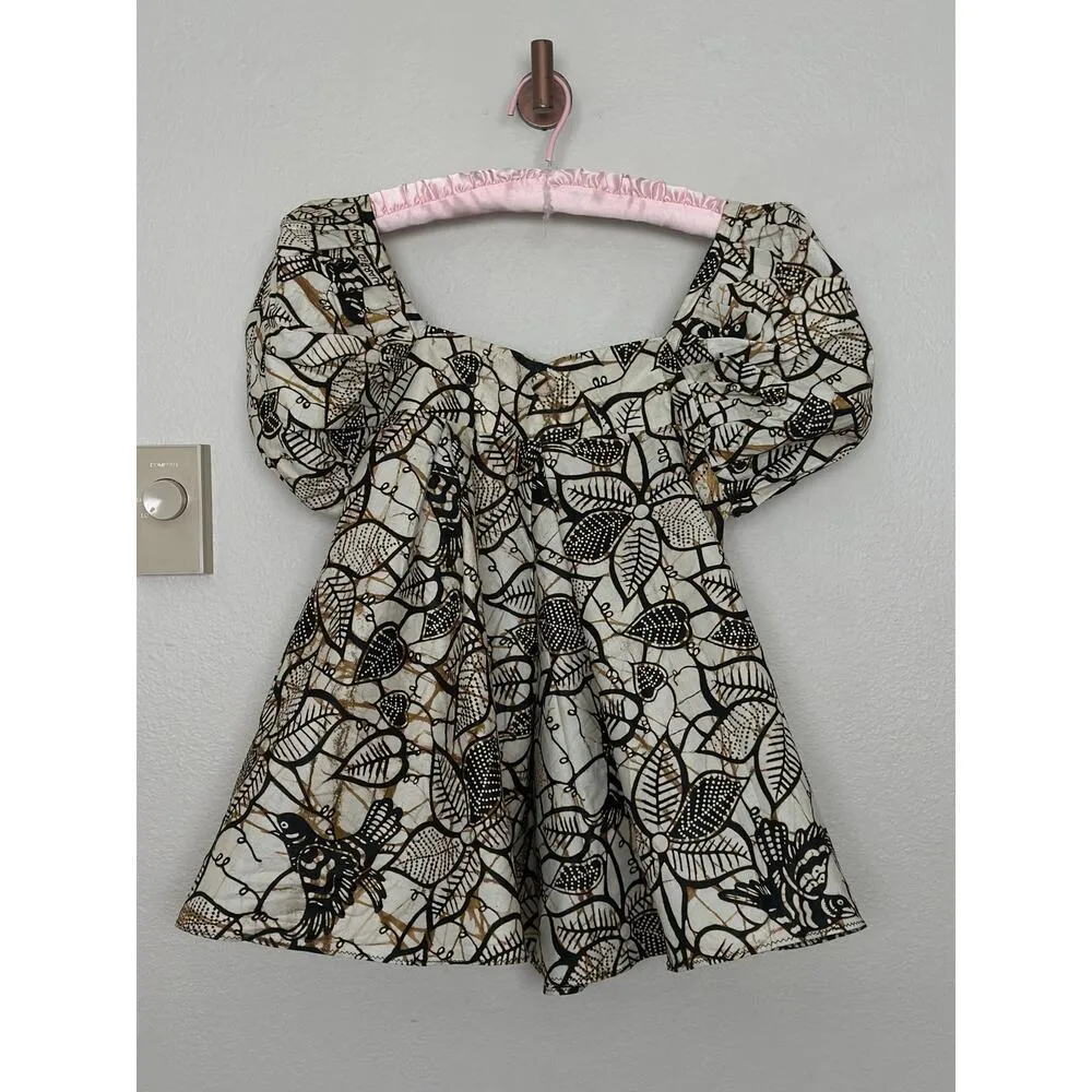 Handmade Puff Sleeve Botantical Print Neutral Babydoll Sqaure Neck / Back Top - Image 3