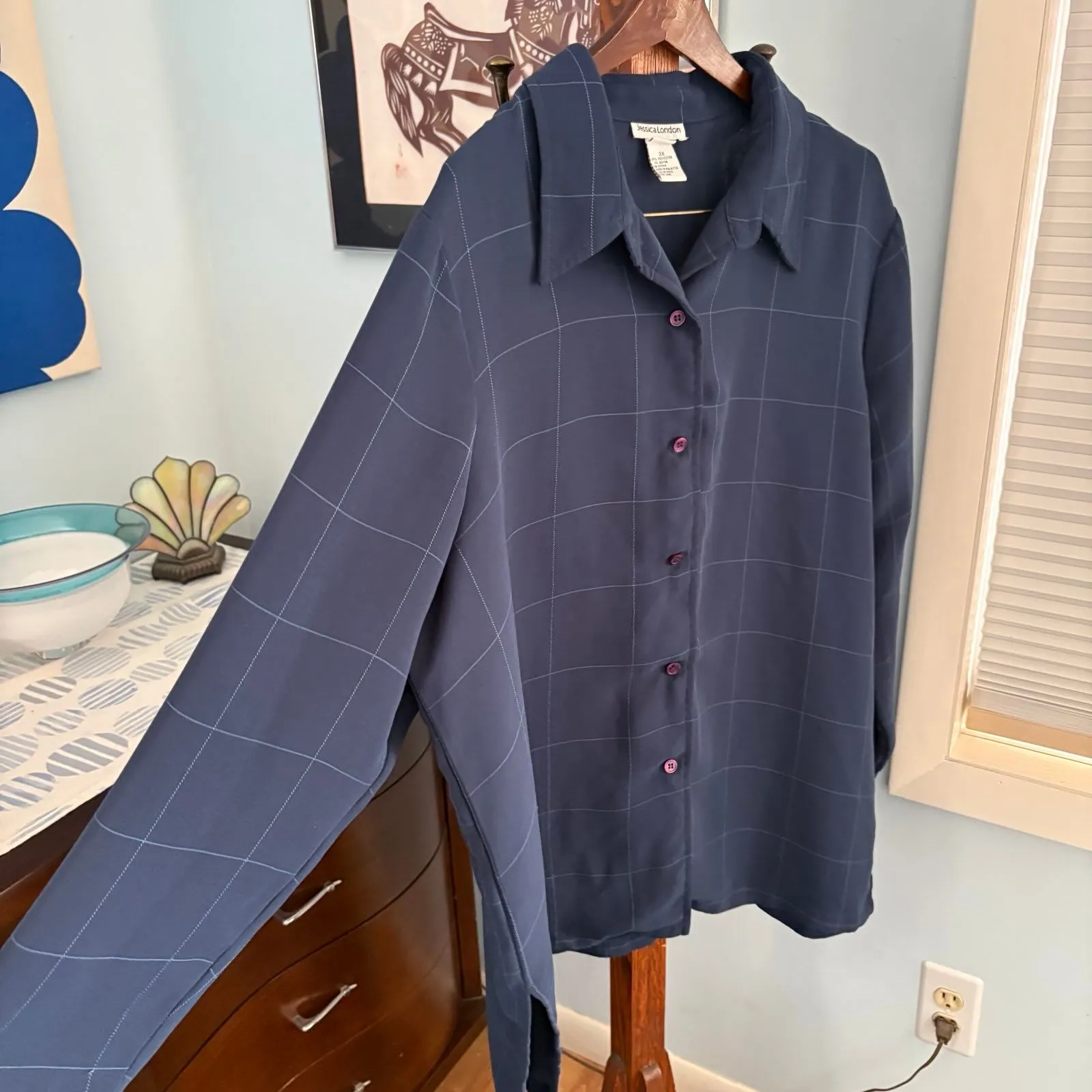 Jessica London Navy Subtle Windowpane Plaid Button Up Shirt 2X, Loose Fit - Image 3