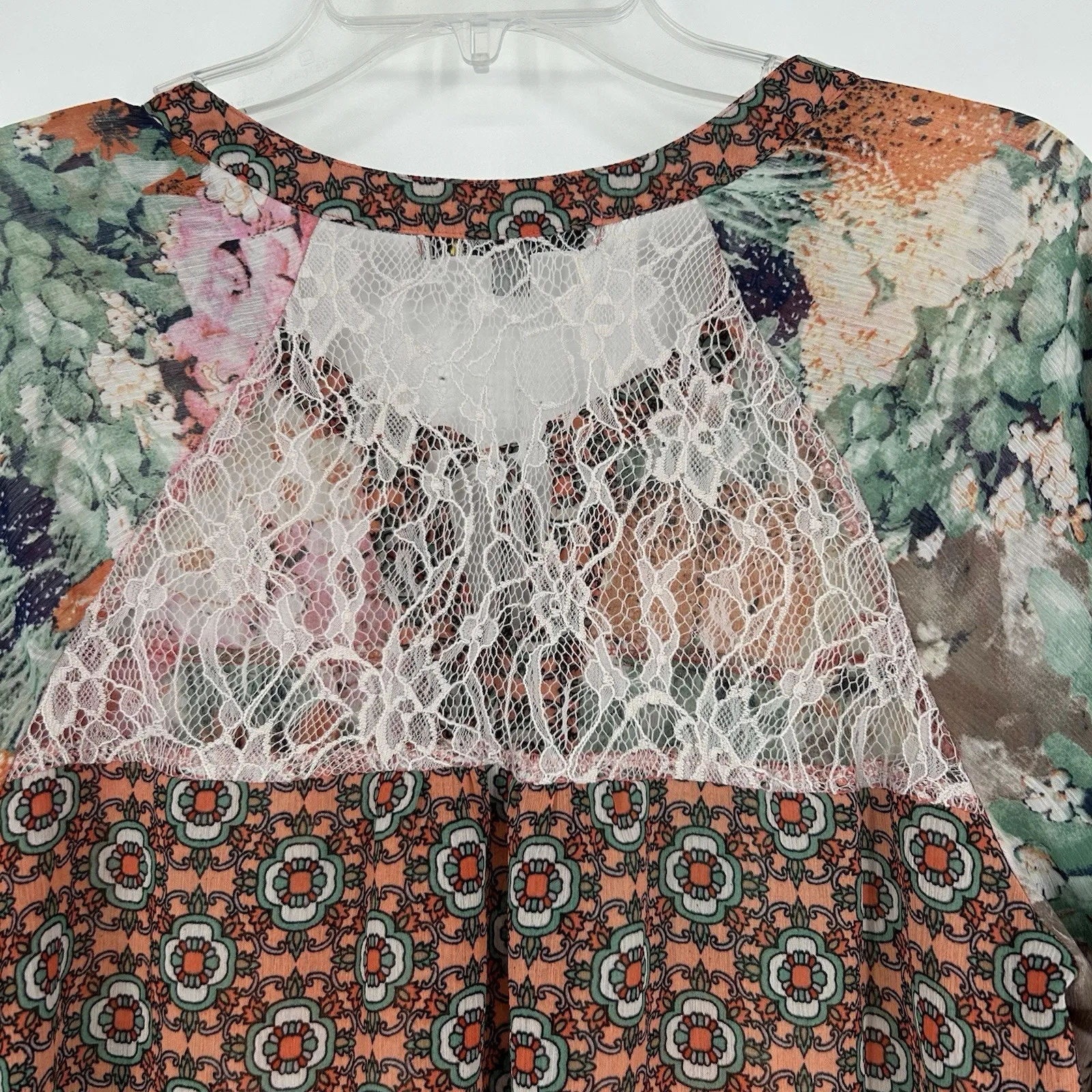 Figueroa & Flower Boho Floral Top Mixed Pattern Lace Pink Orange Tie Neck Size L Size L - Image 6