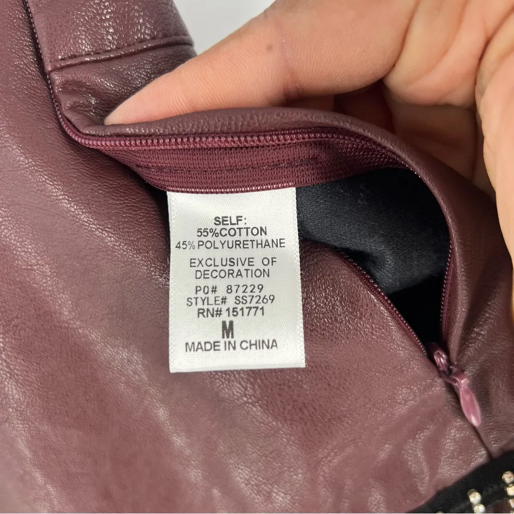 Le Lis Burgundy Faux Leather‎ Rhinestone Fringe High Rise Side Zip Mini Skirt - Image 8