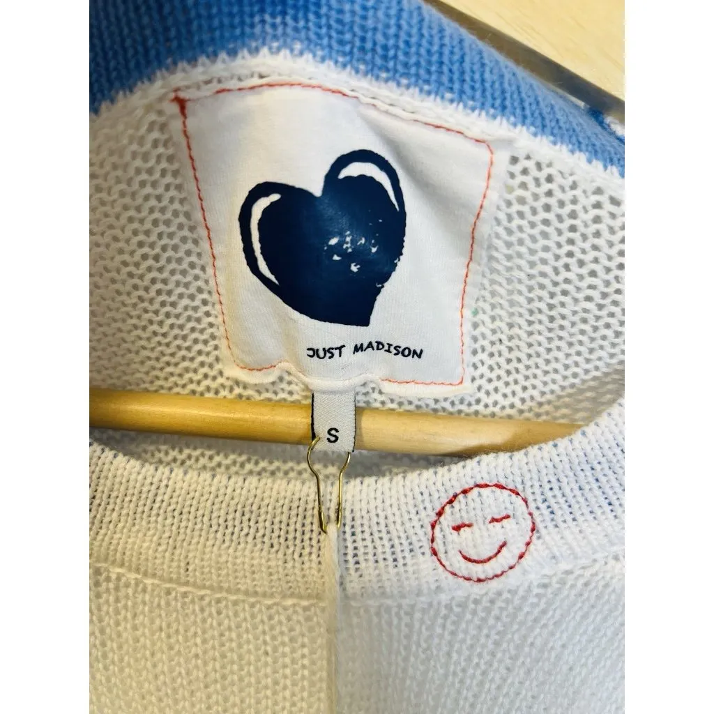 Just Madison Cotton Linen Sweater Small White Blue Detail Nautical Coastal NWT - Image 5