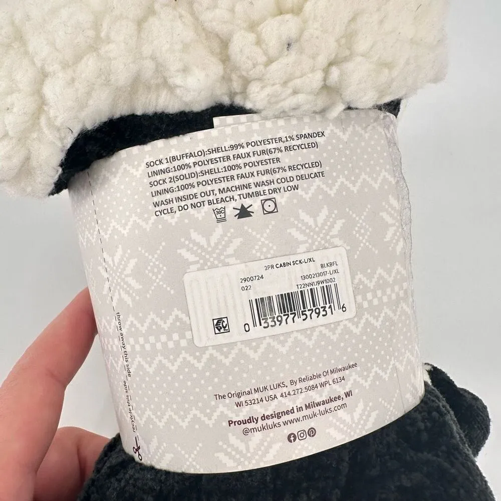 NWT Muk luks Faux Sherpa Lined Cabin Socks L/XL Black &‎ White Plaid Large XL - Image 3