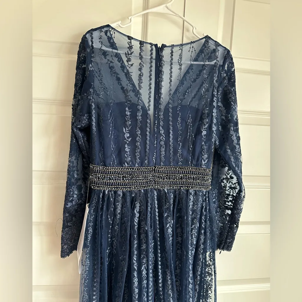 Mac‎ Duggal Long Sleeve Floral Illusion Midnight Navy A Line Gown Size 8 NWT - Image 9