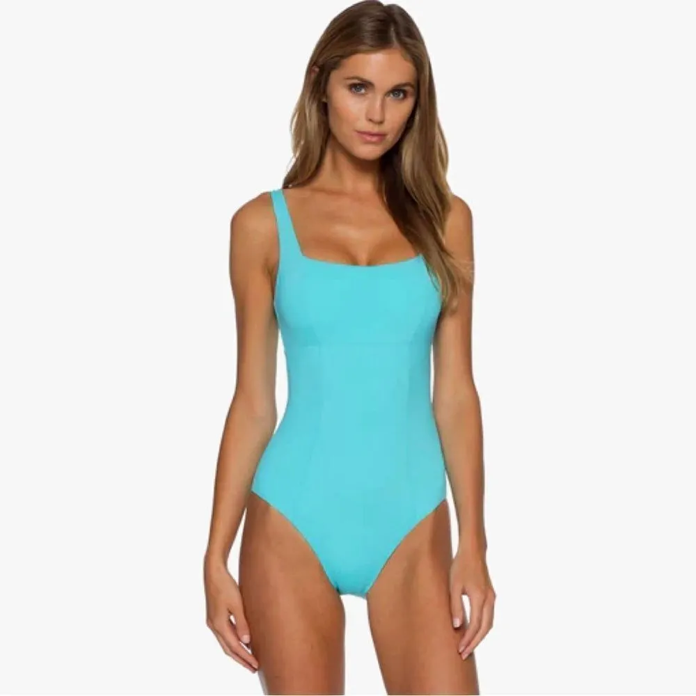 Becca Olivia One Piece Corset Square Neck Swimsuit in Sea Blue- Size Small - Image 3