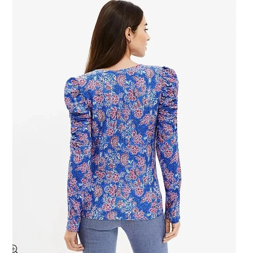 LOFT Blue Floral Puff Sleeve V Neck Smocked Texture Blouse Women's Size M - Image 11