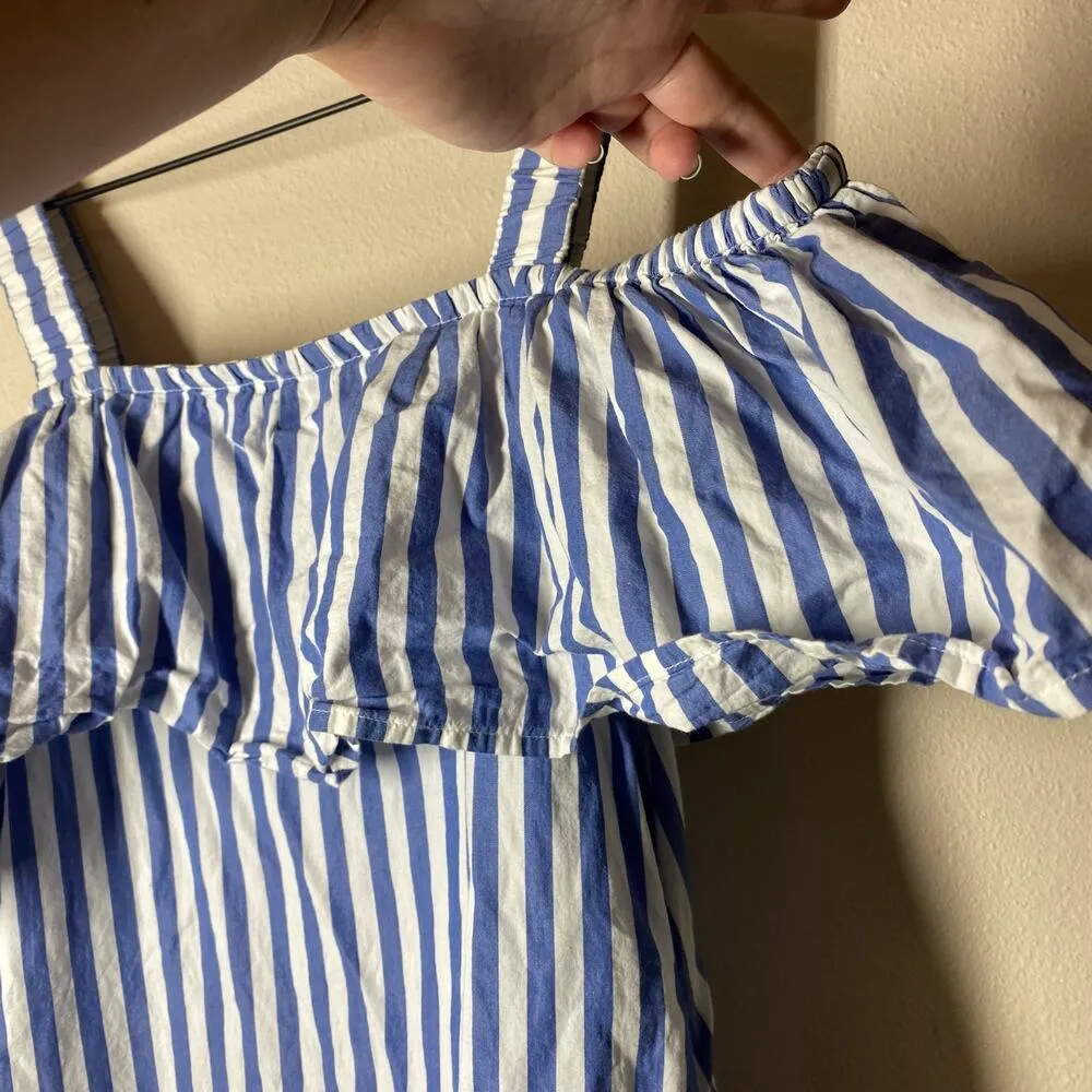WHIT Two Vertical Striped Open Shoulder Ruffle Dress Blue White Size Small - Image 3