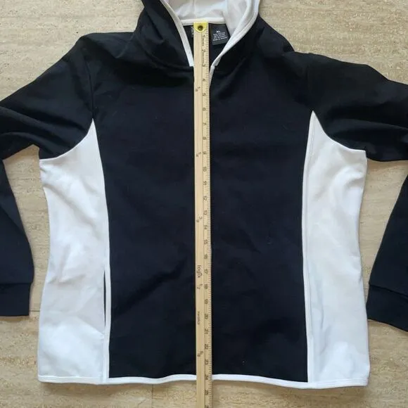 Saks Fifth Avenue Women's Hoodie‎ Long Sleeves Full Zip Black White Block XL - Image 5