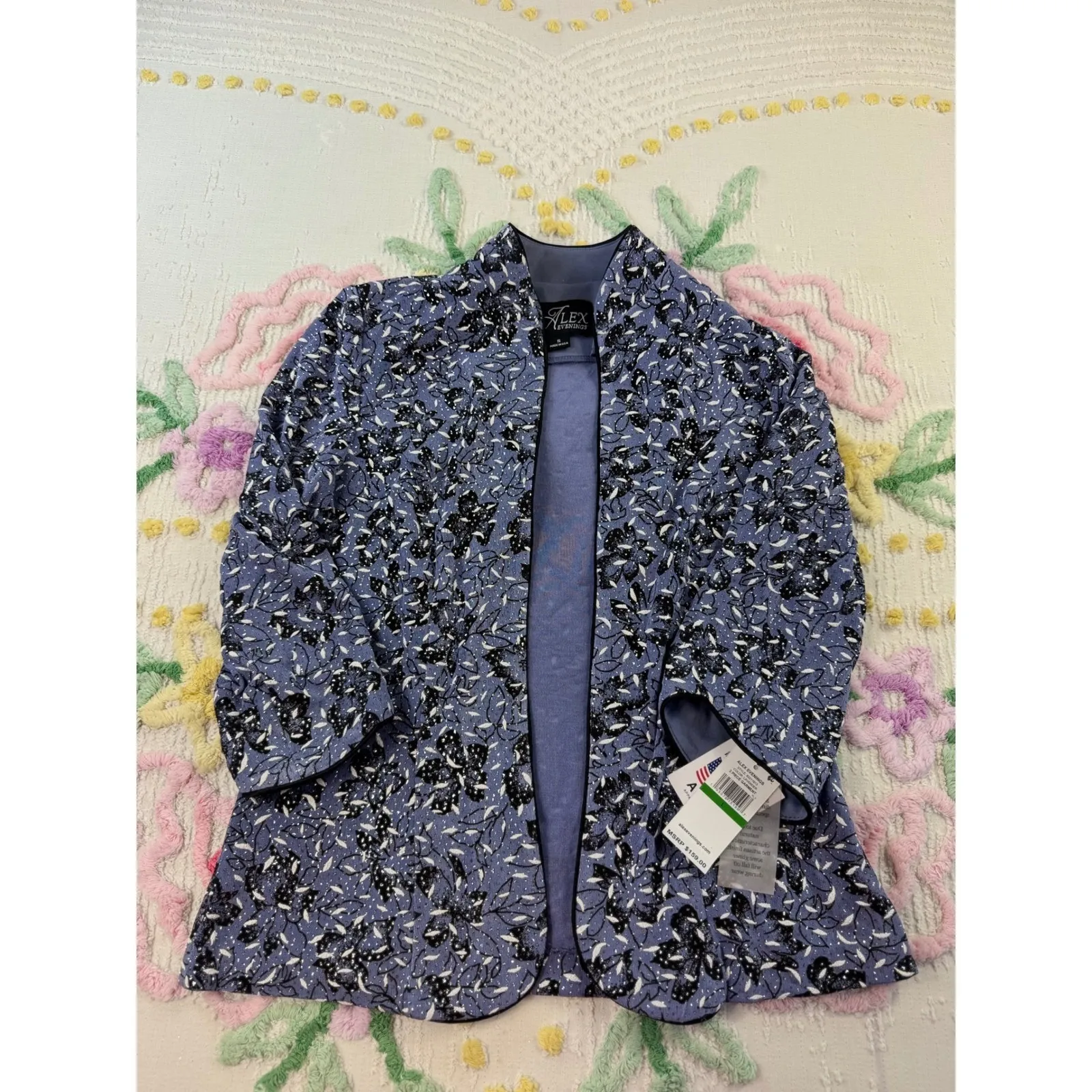 Alex Evenings Blue Floral Glitter 2 Piece Jacket Tank Top Set Women's Size S - Image 2