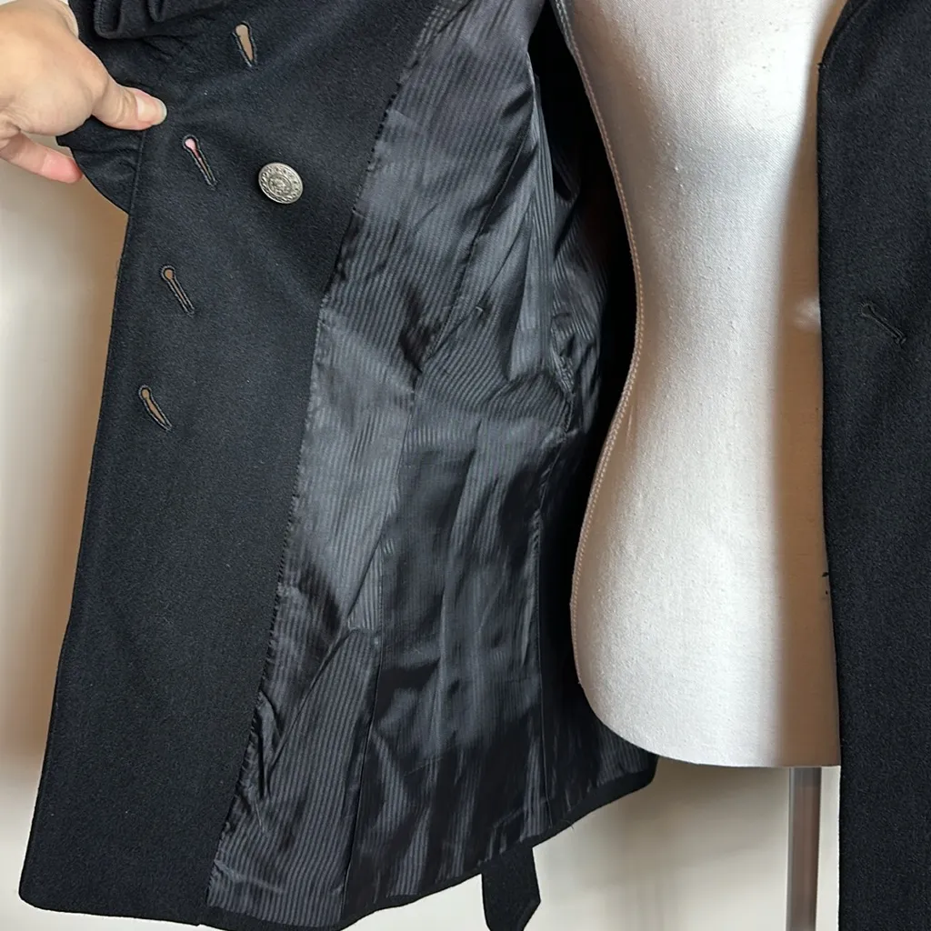 Vtg. Versace‎ Wool Cotton Blend Belted Ruffle Pea Coat Black Size Large - Image 8
