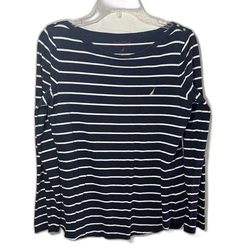 Nautica navy and white strip top SIZE MEDIUM BUTTON DETAIL - Image 2