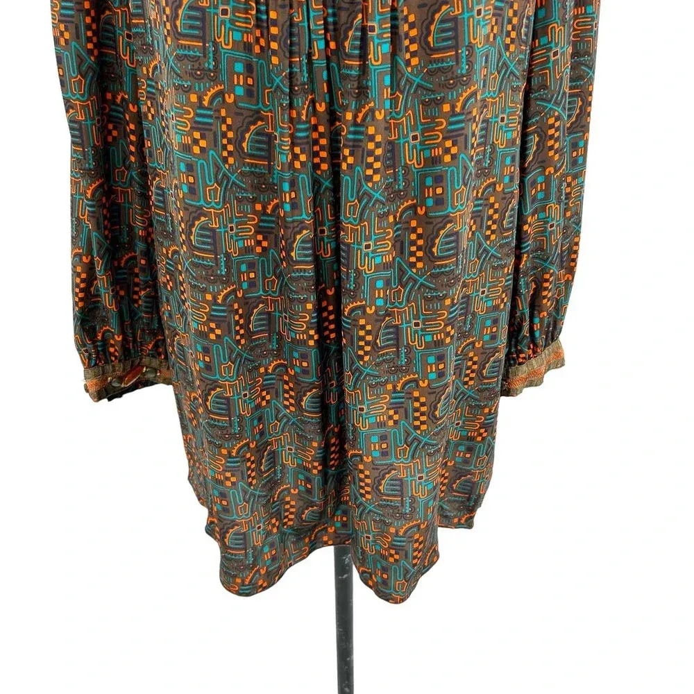 Anna Sui Tunic Top Dress Beaded Abstract Long Sleeve Brown‎ Orange Green Size 6 - Image 3