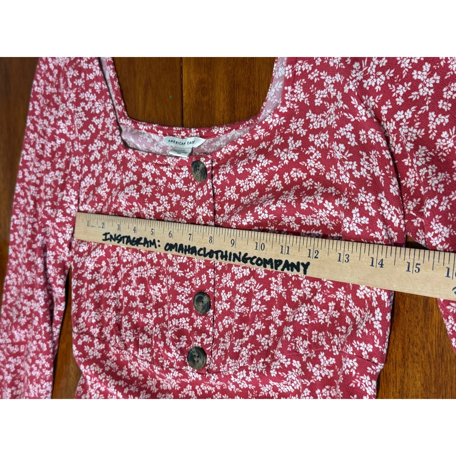 American Eagle Red Floral Print Square Neck Button Long Sleeve Mini Dress Large - Image 5
