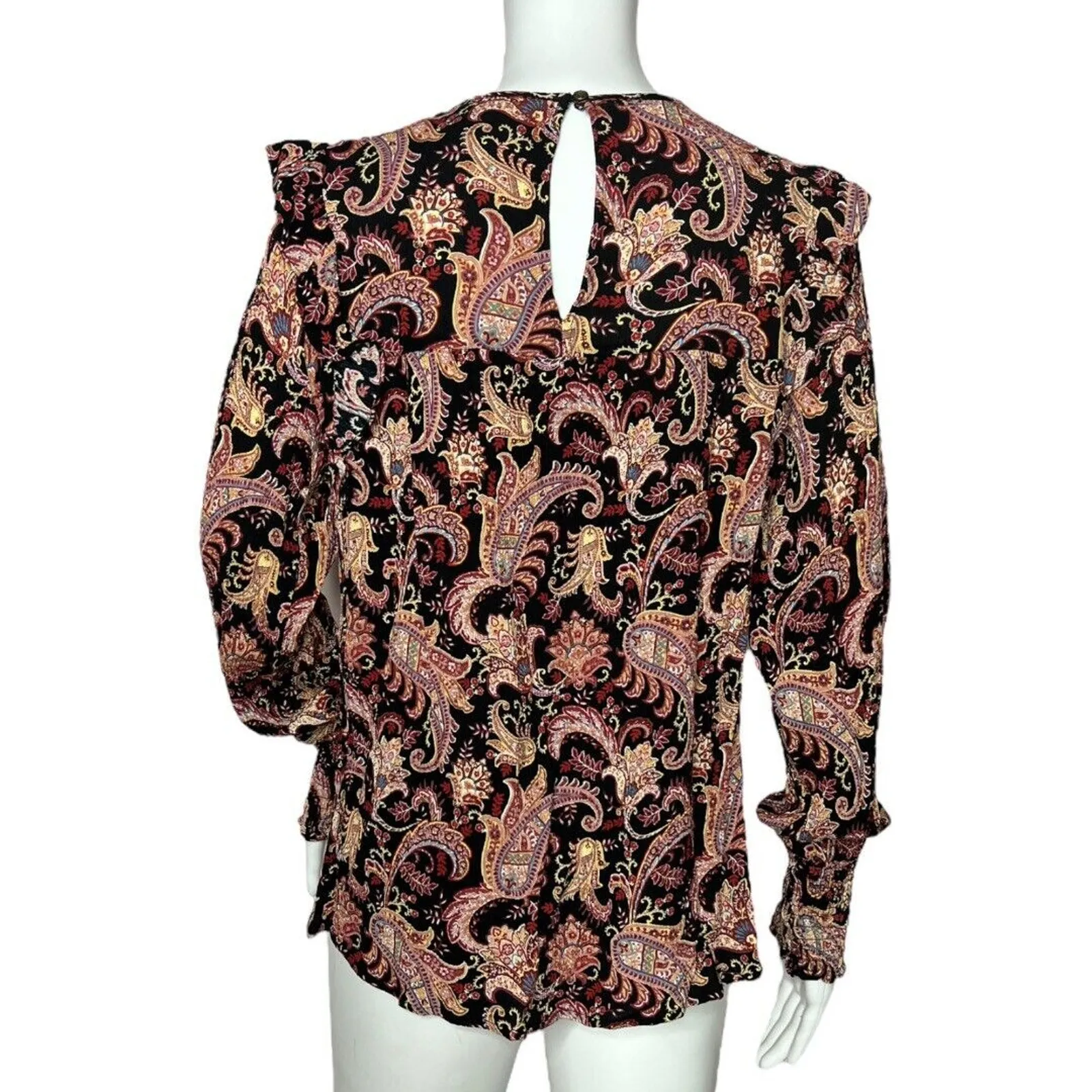 Knox Rose Shirt‎ Womens XS Black Pink Paisley Ruffles Feminine Bohemian Peasant - Image 3