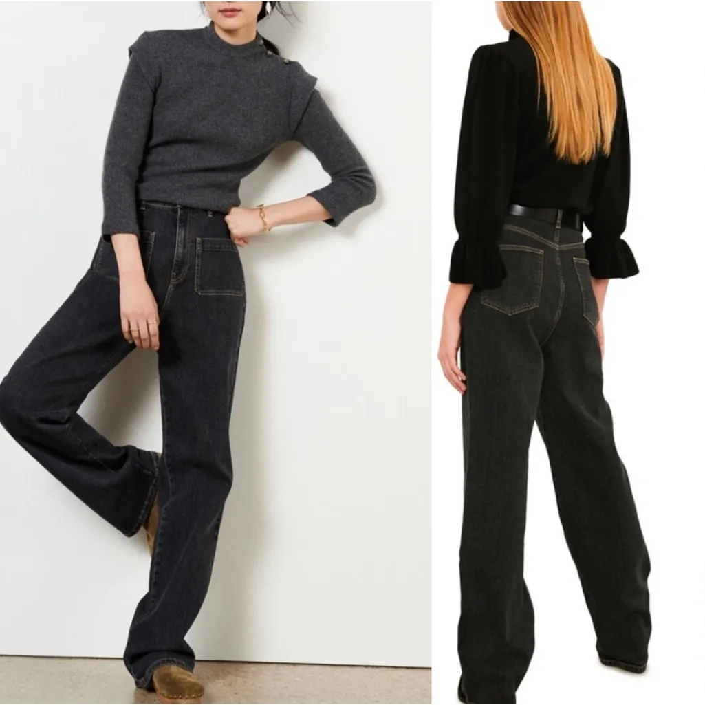 ba&sh Django High Rise Wide Leg Jeans Blackstone Patch Pocket Retro NWT 25 - Image 2