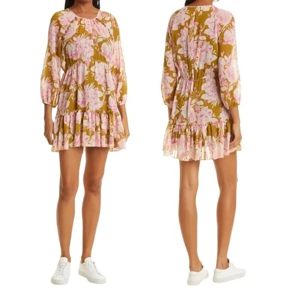 NWT Likely Dress Olive Green Pink Floral Hadi Long Sleeved Ruffled Dress Size 8 - Image 2