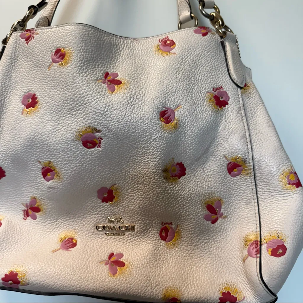 Coach Hallie Shoulder Bag Pop Floral‎ Print White Flowers Gold Pebble Leather - Image 3